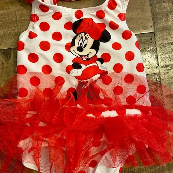 Disney Minnie Mouse red polka dot swimsuit and hat size 12 months - Picture 2 of 5